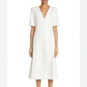 MARIA MCMANUS Topstitch Detail V-neck Midi Dress In Ivory Size 2